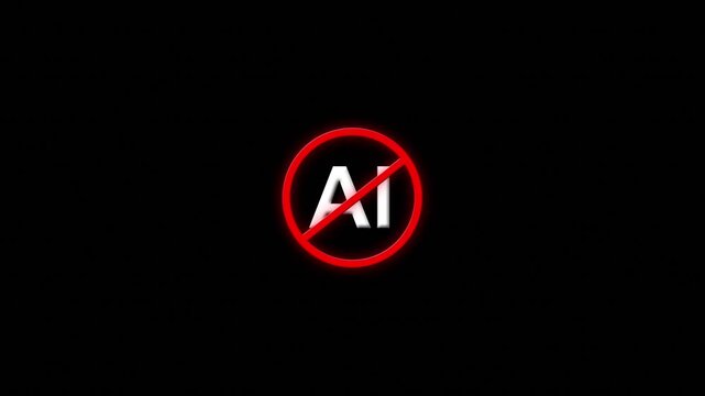 Red ban symbol crosses AI lettering background. Broad empty space suits video titles artificial intelligence limits, human creativity responsible technology, workplace rules, digital content standards