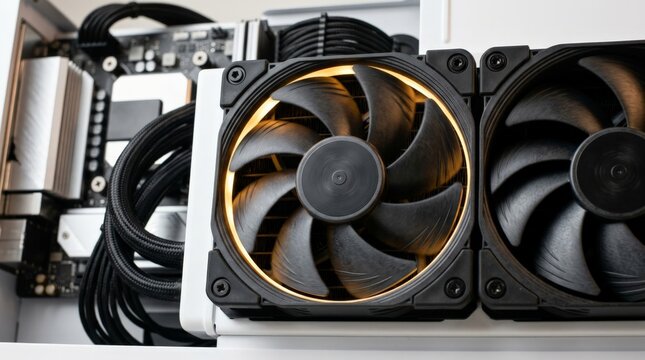 A close up view of a server cooling fan glowing with warm yellow light inside a computer chassis alongside internal cables and hardware components, underscoring the computer hardware