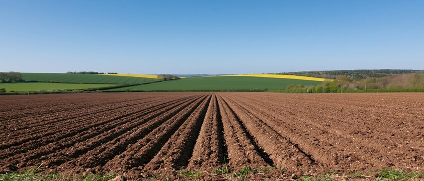 Freshly plowed field with parallel furrows under clear blue sky