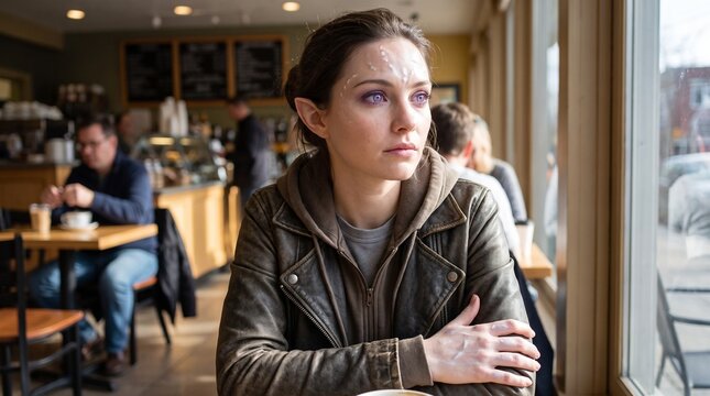 Pensive woman with pointed elf ears, violet eyes and glitter face paint sitting by a cafe window in a leather jacket, fantasy cosplay portrait