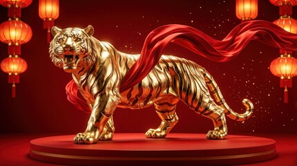 Fototapeta premium Golden tiger statue stands on red pedestal. Luxury metallic sculpture decorated with flowing silk fabric. Chinese lanterns hang in background. Festive decoration for Lunar New Year celebration with