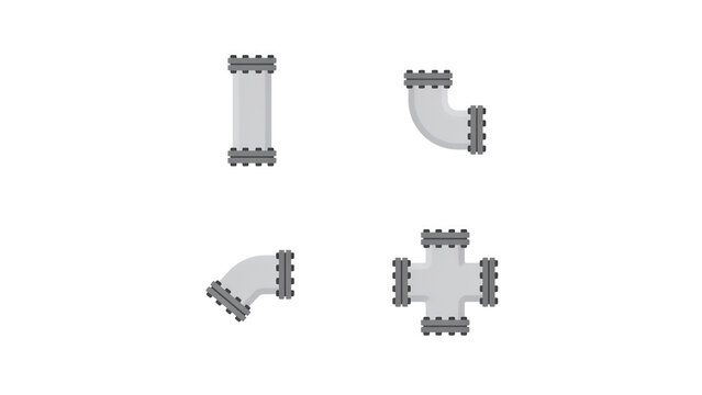 Piping system components. Grey 3D pipe fittings set with flanges and bolts for HVAC or plumbing systems