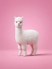 Fototapeta premium Cute white baby alpaca isolated on a solid pink background