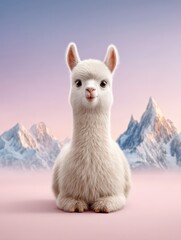 Fototapeta premium Cute white baby alpaca sitting in front of misty mountain peaks