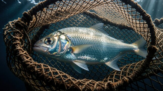 Silver fish trapped in brown fishing net underwater. Scales shimmer under light in dark ocean water. Marine life caught in mesh trap. Close up view of aquatic animal struggling in sea net. Problem of