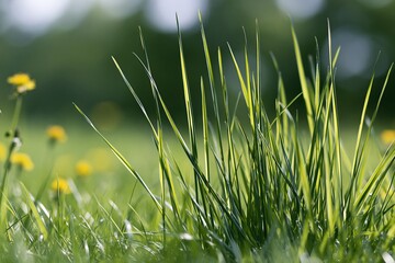 Naklejka premium The Grass Blades in a Quiet Meadow Bathed in Warm Afternoon Light
