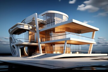 Fototapeta premium Futuristic luxury villa featuring sleek modern architecture, multiple levels, expansive glass walls, and outdoor balconies, offering a contemporary vision of high end residential design