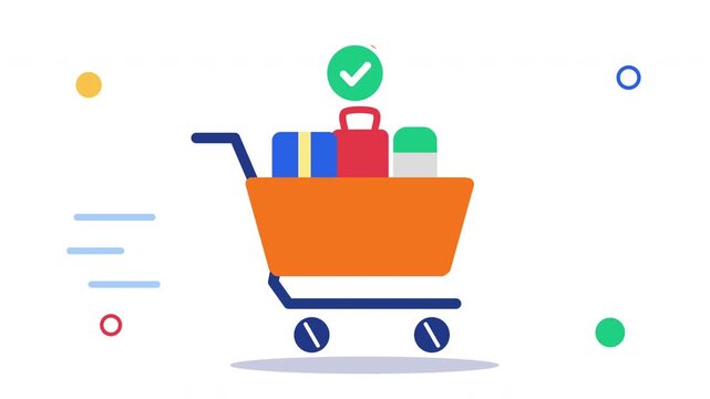 Animated shopping cart filling with items, indicating successful online purchase or order completion in a modern flat design style.