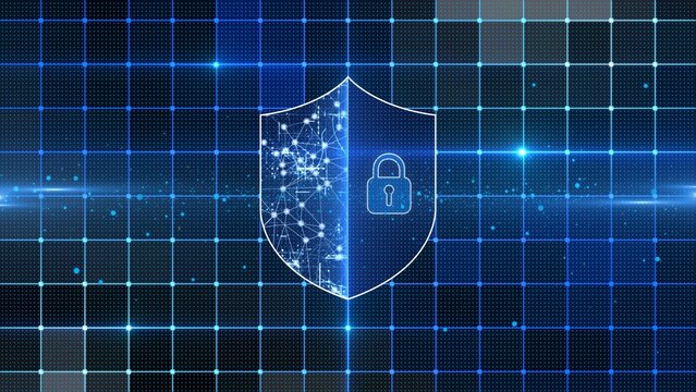Digital protective shield with an integrated padlock and a network pattern on a blue background, representing a general symbol for cybersecurity and data protection &ndash; 3D Illustration