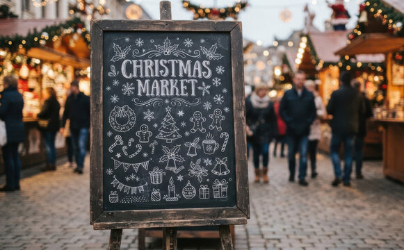 Christmas market chalkboard sign with festive chalk drawings at a winter holiday fair with people shopping outdoors