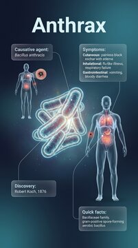 anthrax bacteria illustration showing human body interaction and symptoms