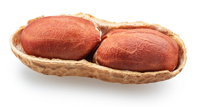 Open peanut shell with red kernels inside isolated on a white background. Clipping Path. Maximum sharpness with stacking image.