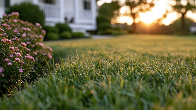 Low ground-level view across a neatly trimmed suburban lawn with pink flowering shrubs near a white house at sunset