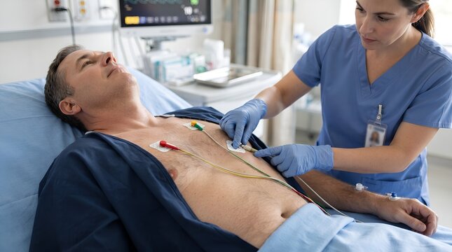 Nurse attaching ECG electrodes to male patient chest for cardiac monitoring in hospital