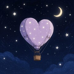 Fototapeta premium Whimsical heart shaped hot air balloon floats through starry night sky. Purple balloon with white stars flies above dark blue clouds near crescent moon. Romantic fantasy concept for love, dream,