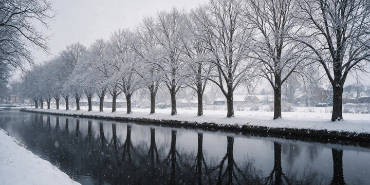 Snow-Covered Trees Lining a Canal with Clear Reflections in Calm Winter Water