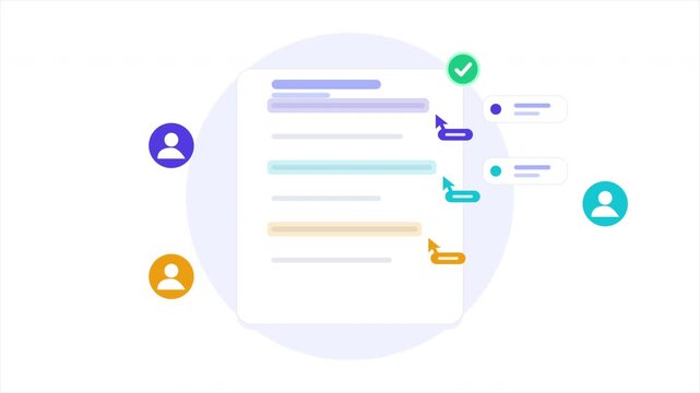 Multiple users collaborate on a document, highlighting text and leaving feedback with colored cursors in a shared online workspace, depicting real-time teamwork and content review.