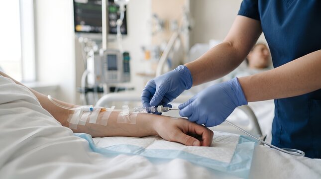 Nurse Connecting Intravenous IV Line to Patient Cannula in Hospital Bed