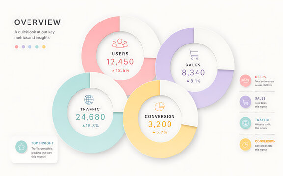 Pastel infographic donut chart with business metrics isolated on transparent background