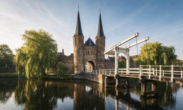 Medieval Dutch Gatehouse with Twin Towers and Wooden Footbridge Along a Historic Canal
