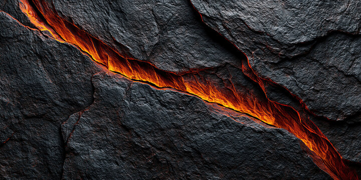 Black volcanic rock split by glowing orange lava crack in dark ston