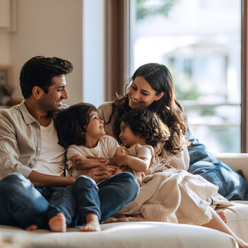 Photorealistic commercial stock photo of a modern Indian family of four, parents and two young children, spending quality time together.