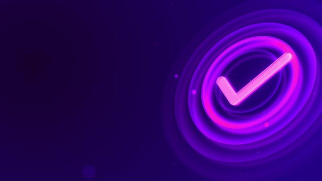 Bright neon tick magenta rings confirmation successful completion. purple setting includes light particles generous left copy space for app presentations, service promotions, approval titles. 3D