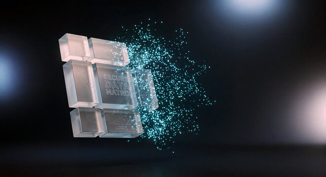 Glowing cyan digital particles swirl around translucent glass cubes displaying a secure data matrix symbol representing advanced information technology encryption systems for global network secur