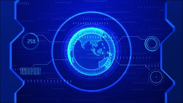 Globe futuristic control display segmented circles, connector lines, bars, a percentage gauge. Angular side frames and blue grids global information backdrop for company reports, monitoring broadcasts
