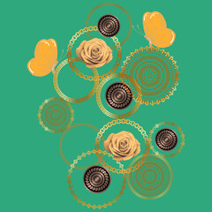 Złoty wzór z różami i motylami na turkusowym tle, nowoczesna biżuteryjna ilustracja mandala z łańcuchami © Katarzyna
