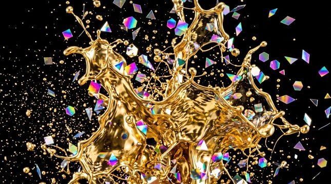Frozen Liquid Gold Splash with Iridescent Holographic Confetti on Black OLED Background, Luxury Celebration Stock Image