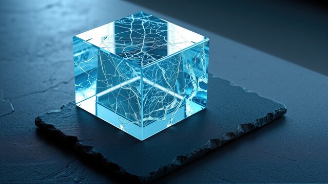 Fractured blue cube rests upon dark stone surface. Light illuminates cracks within transparent structure. Dramatic shadows present.