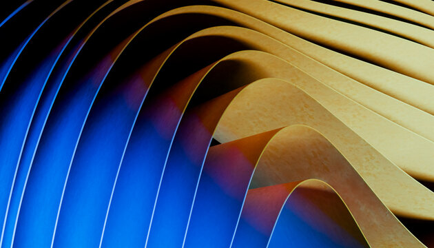 Abstract curved wave pattern in blue and beige tones digital render