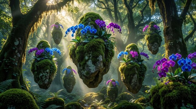 Magical floating moss rocks with blooming purple, blue orchids in misty enchanted forest. Surreal fantasy landscape features glowing flowers on levitating boulders. Dreamy botanical garden scene with