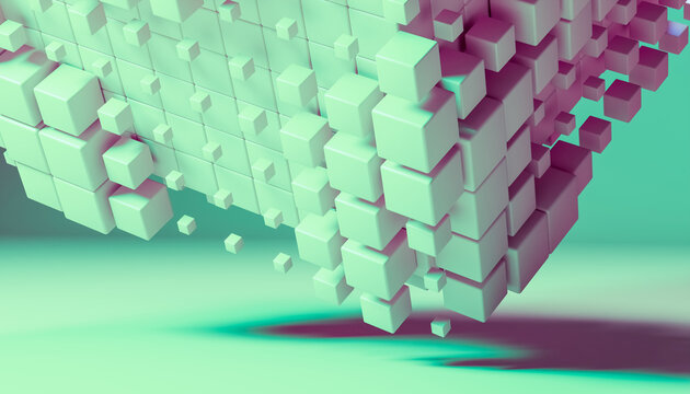 Floating clusters of green 3d cubes forming abstract geometric art