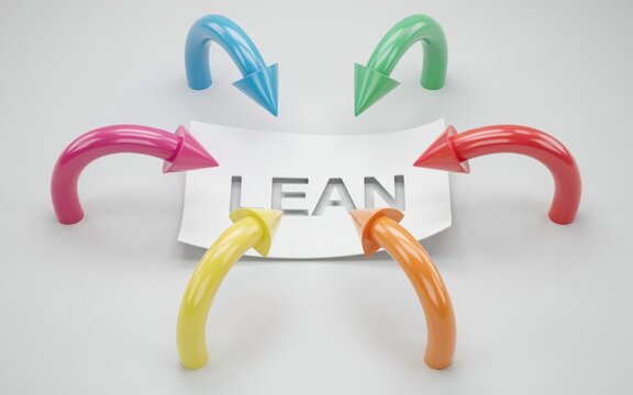 Lean management and process optimization concept. Colorful curved arrows forming a balanced loop around a white sign with 'LEAN' text
