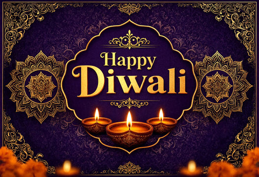 Beautiful Diwali celebration graphic with lit oil lamps and decorative mandala designs