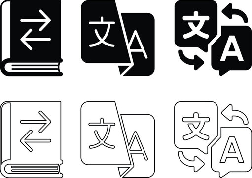 Translate icon set featuring language translation symbols for translator app, website, UI design, and transparent vector graphics. Language translation icon with chat bubbles for an online translator 