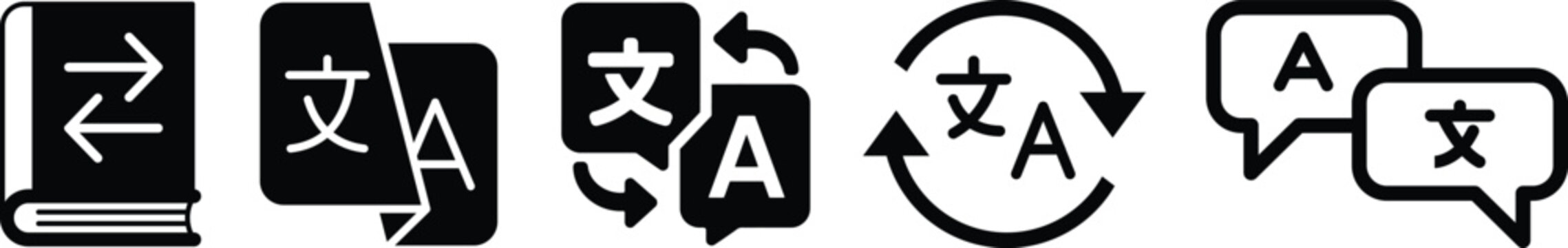 Language translation icons set, Multilingual communication symbols, Translate app icons, Language switch vector icons