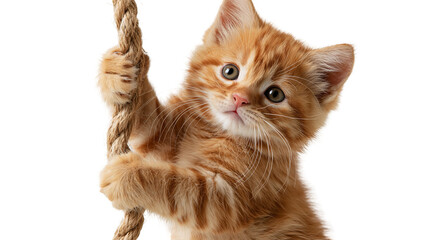Ginger tabby kitten climbing and holding onto a thick textured jute rope © dominica