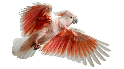 Moluccan cockatoo with salmon pink feathers flying with wings spread wide © dominica