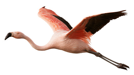 Pink flamingo bird in flight with spread wings and extended legs © dominica