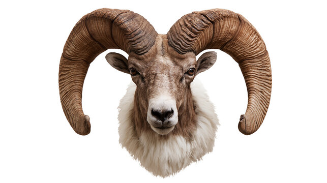 Majestic bighorn sheep ram head with large curved textured horns