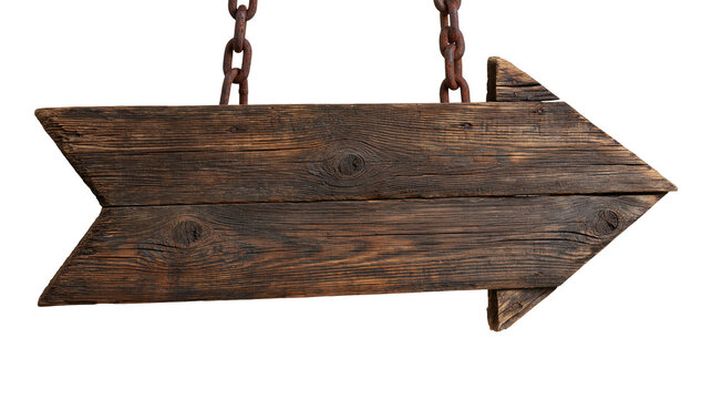Weathered rustic wooden arrow sign hanging from rusty metal chains