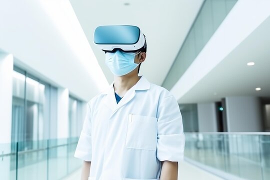 Medical professional wearing a protective face mask and virtual reality headset, exploring future healthcare technology in a modern hospital setting, innovating medical training and patient care