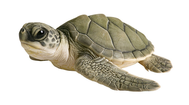Small green sea turtle hatchling with textured shell and flippers