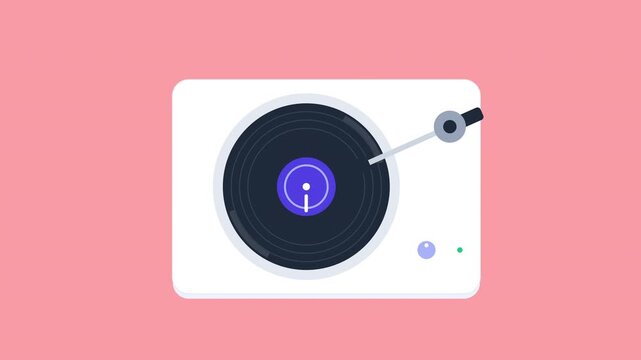 Flat design animation of a modern white turntable playing a vinyl record, with musical notes indicating sound and melody, against a vibrant pink background.