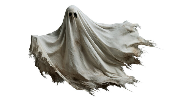 Floating tattered white ghost sheet with dark hollow eyes