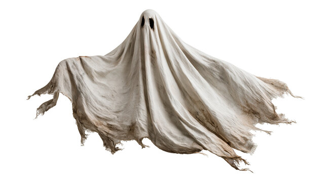 Floating white sheet ghost with tattered edges and dark hollow eye sockets
