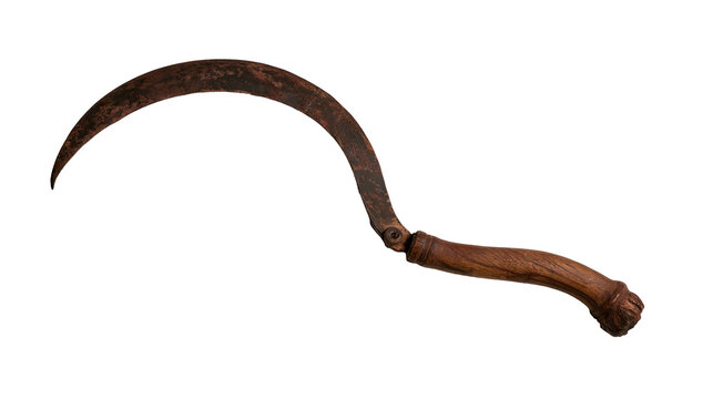 Rusty curved metal sickle with a weathered wooden handle
